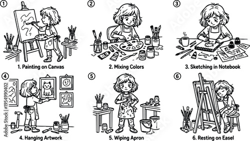Black and white line art vector showing girl painting on canvas mixing colors sketching in notebook hanging artwork wiping apron and resting on easel