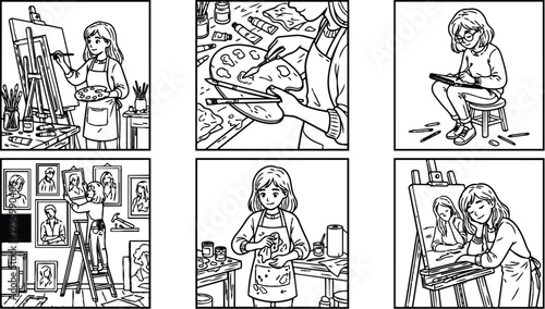 Line art collection of young female artist painting drawing cleaning studio preparing canvas arranging portraits on ladder and sketching with pencils in calm creative environment vector