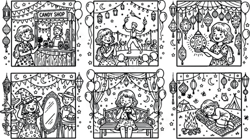 Black and white vector art of a happy little girl enjoying a festival with candy shop food clowns lanterns and campfire scenes in evening settings
