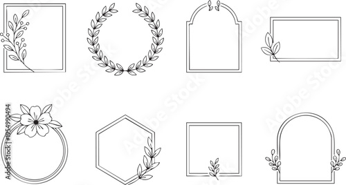 Minimalist Elegant Floral Frame Set Hand Drawn Botanical Border Design Line Art.
