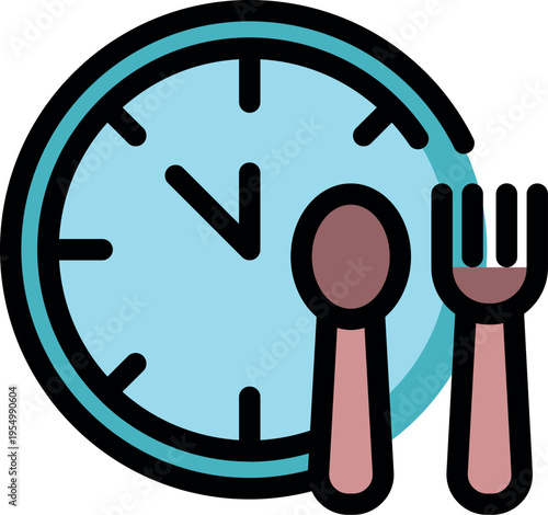 Clock face with hour and minute hands indicating lunchtime, accompanied by fork and spoon