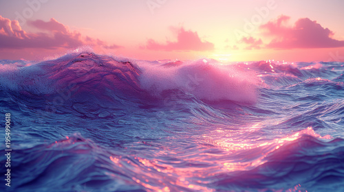 Visualize the rhythmic motion of ocean waves at dawn, with gentle hues of blue and pink reflecting off the water, designed to soothe and relax the viewer, high definition, photorealistic, 