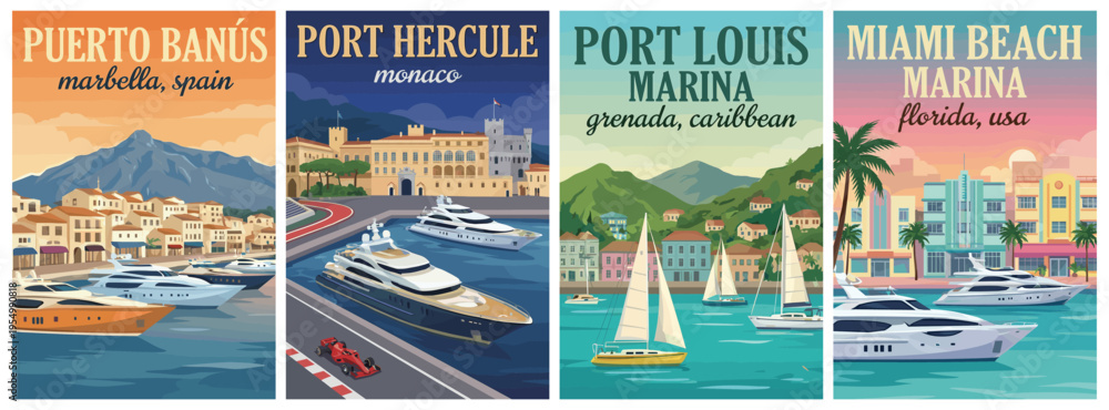 Fototapeta premium Vintage yacht and marina travel poster set. Including puerto banus, port hercule monaco, port louis grenada, and miami beach florida. Retro vector illustration.
