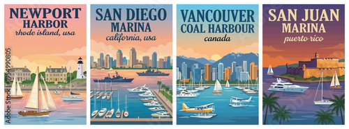 Vintage luxury yacht and marina travel poster set. Including newport harbor, san diego, vancouver coal harbour, and san juan marina. Retro vector design.
