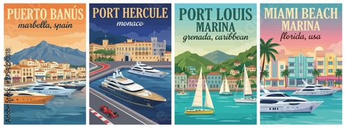 Vintage yacht and marina travel poster set. Including puerto banus, port hercule monaco, port louis grenada, and miami beach florida. Retro vector illustration.