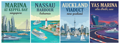 Vintage luxury yachts and marinas travel poster set. Including keppel bay singapore, nassau harbour, auckland viaduct, and yas marina. Retro vector illustration.