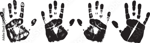 Four Black Ink Handprints Set On A White Background Isolated For Creative Design
