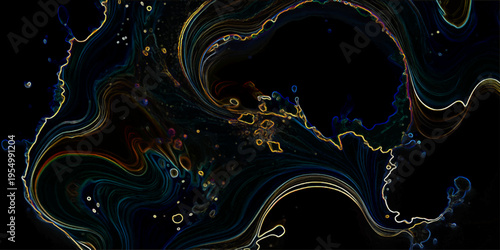 Abstract and vibrant swirls of ink in dark space and vivid colors mix and fluid motion and forms ethereal beauty and visual interest and artistic expression 