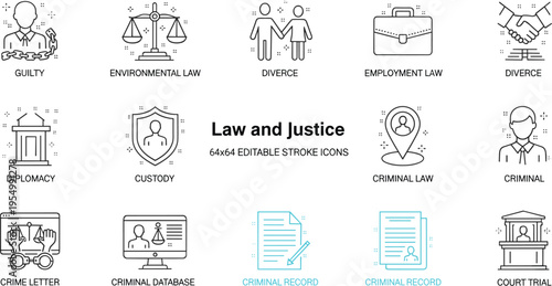 Law and justice icons, legal system graphics, constitutional law illustration, family law design, business law symbols, criminal justice concepts, modern legal tools