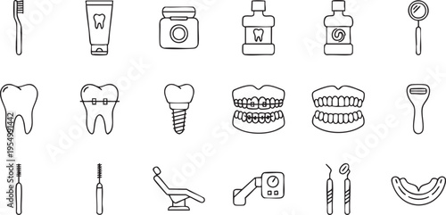 Professional Dental Care and Oral Hygiene Vector Line Icon Set