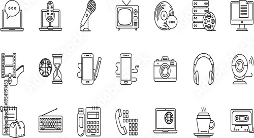 Multimedia and Communication Line Icon Set Featuring Microphone Camera Television Headphones Laptop Recording Video Audio Server Retro Technology and Digital Media