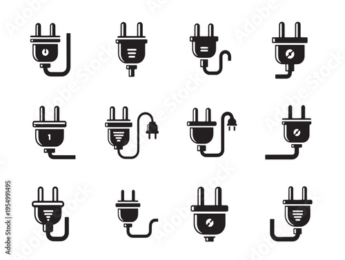 A collection of black electrical plug icons