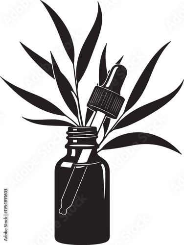 Essential Oil Dropper Bottle with Botanical Leaves, Black and White Vector Illustration