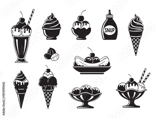 Black and white icons of various ice cream desserts