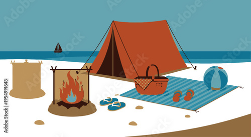 Beach Camping Illustration with Tent Fire Pit and Picnic Basket on Sandy Shore