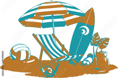A colorful beach scene featuring a striped beach chair, surfboard, umbrella, and tropical plants. The illustration includes a beach ball and sandcastle, creating a relaxing summer atmosphere.
