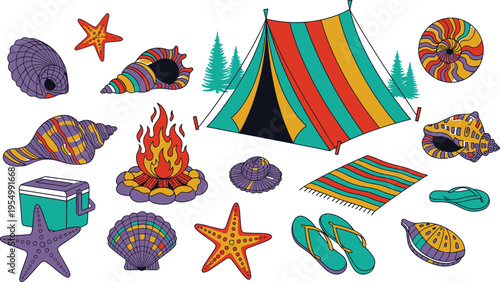 A vibrant collection of camping and beach vacation illustrations, including a tent, seashells, starfish, flip flops, cooler, campfire, and more, all in a fun and playful style.