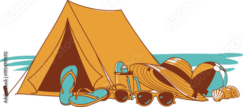An illustration of a summer camping vacation concept featuring a yellow tent with a collection of beach accessories including flip flops sunglasses straw hat and seashells