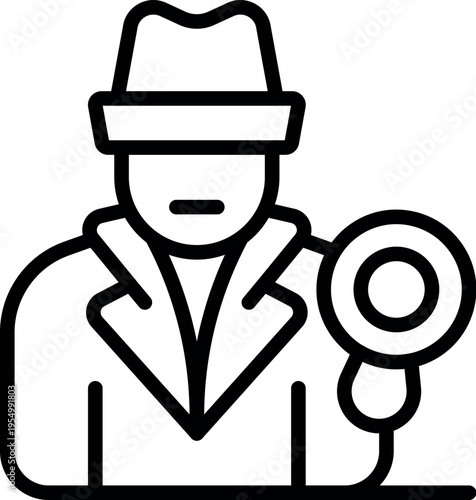 Detective wearing hat and trench coat using magnifying glass, searching for clues and evidence