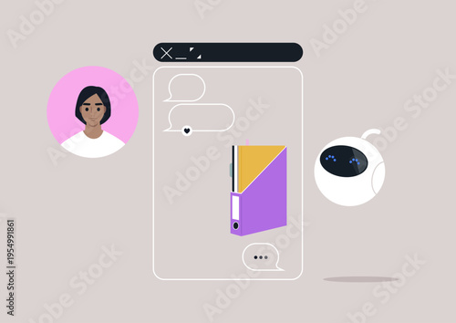 A user interacts with an artificial agent chatbot on a sleek, digital interface, The assistant displays requested prompt results and engaging speech bubbles, creating a lively dialogue atmosphere