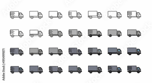 Vehicles are depicted in various shades and styles on a plain surface