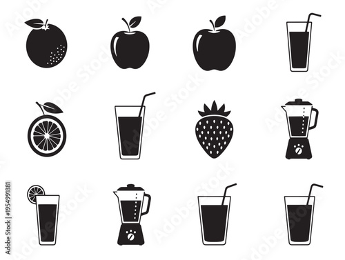 Black and white icons of fruit and blender