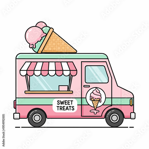 A colorful illustration of an ice cream truck parked with treats on top