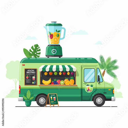 Vibrant Healthy Smoothie Food Truck Offering Freshly Blended Fruit Drinks On-the-Go in a Whimsical Outdoor Setting for Wellness