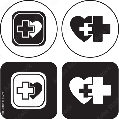 Medical cross heart health care sign symbol set first aid kit emergency pharmacy medicine help hospital design element