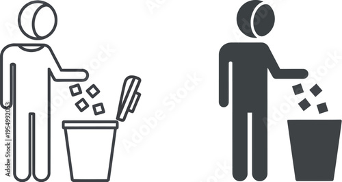 Stick figures are shown disposing of waste items into trash receptacles in both outline and solid form.
