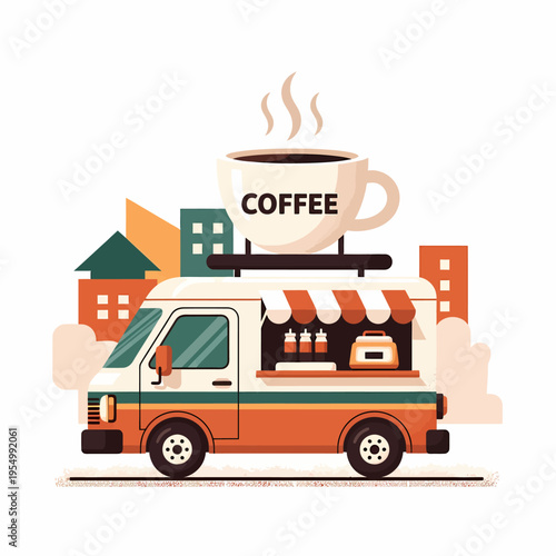 Vibrant illustration of a charming coffee food truck with a steaming cup atop, set against a modern city skyline, capturing the essence of convenient urban refreshment and on-the-go service