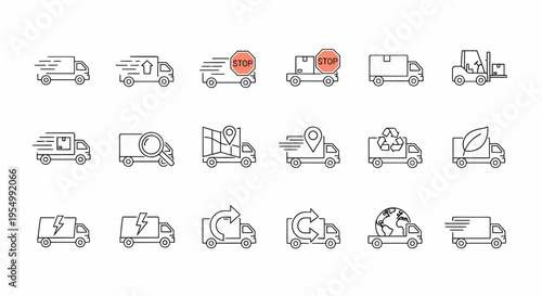 A comprehensive set of linear icons depicting modern logistics, rapid delivery, sustainable transportation, and eco-friendly solutions, including electric vehicles and global shipping concepts