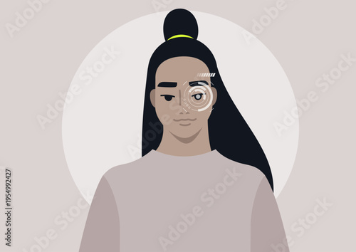 A creative depiction showcases the intricate eye retina recognition technology, It highlights the seamless blend of human features and digital advancement, emphasizing eye identification.