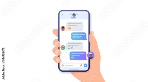 Mobile Chat Application Interface on Smartphone in Hand Vector Illustration
