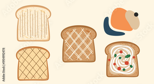 Variety of delicious toast slices with different toppings like grilled marks cream cheese tomatoes and abstract shapes.