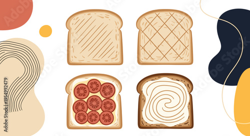 Set of four different toast variations arranged on a white background with modern abstract colorful shapes and lines.