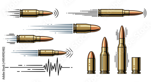 Illustration showing various types of bullets and ammunition with some shown in high speed motion with trail effects.