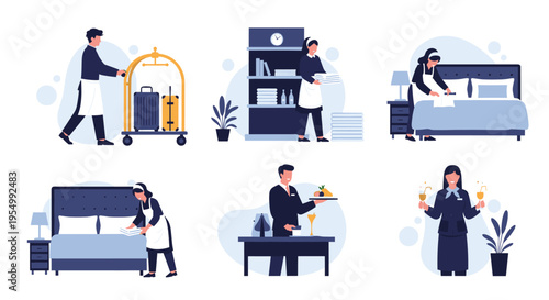 Professional hotel staff performing various duties including luggage transport room cleaning serving food and greeting guests.