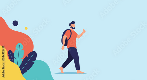 Man with a backpack walking cheerfully against a minimalist background with colorful abstract shapes and stylized leaves.