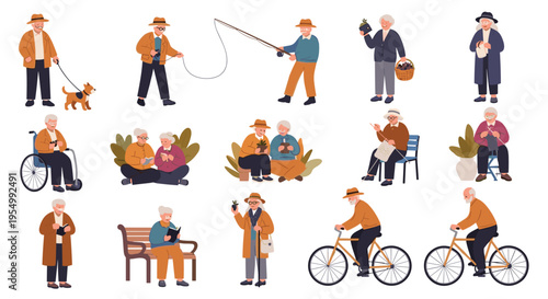Diverse group of senior citizens enjoying various activities such as walking a dog fishing gardening cycling and reading.