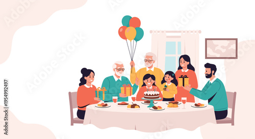 Happy multi generational family gathered around a dinner table celebrating a birthday with a cake and colorful balloons.