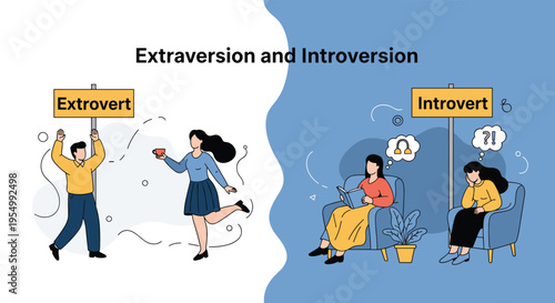 Conceptual illustration comparing extrovert and introvert personalities with people engaged in social and solitary activities.