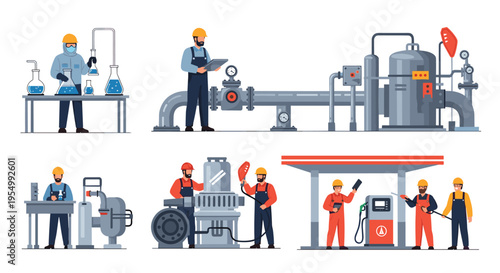Professional workers performing various duties in industrial environments like laboratories oil pipelines and gas stations.