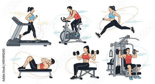Diverse group of people performing various gym exercises including treadmill running stationary biking and weight lifting.