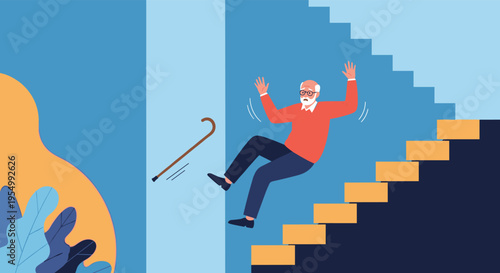 Elderly man with glasses and a walking stick losing his balance and falling down a flight of wooden stairs in a home.