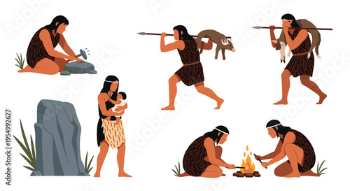 Illustrations depicting the life of prehistoric humans including stone tool making hunting and communal fire activities.