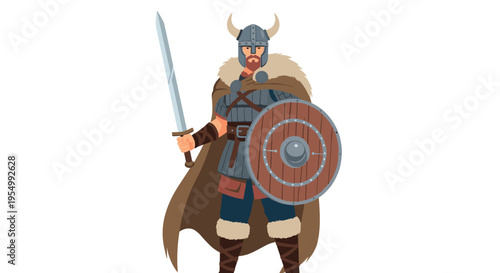 Illustration of a brave Viking warrior wearing a horned helmet and fur cape holding a sword and a wooden shield.