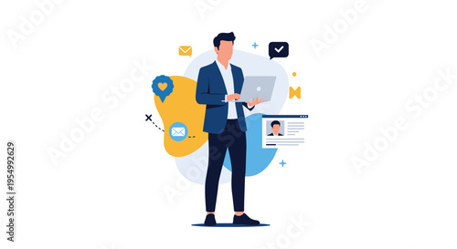 Professional businessman standing and using a laptop with various digital communication and social media icons around.