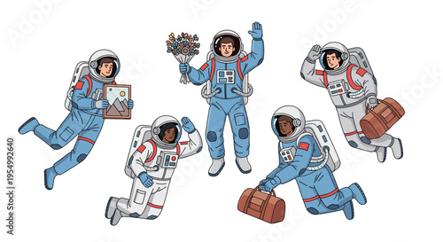 Group of astronauts in space suits floating and performing various activities like holding flowers or a suitcase.