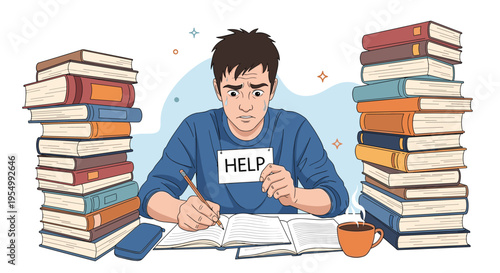Overwhelmed male student sitting at a desk surrounded by massive piles of books and holding a help sign during studies.